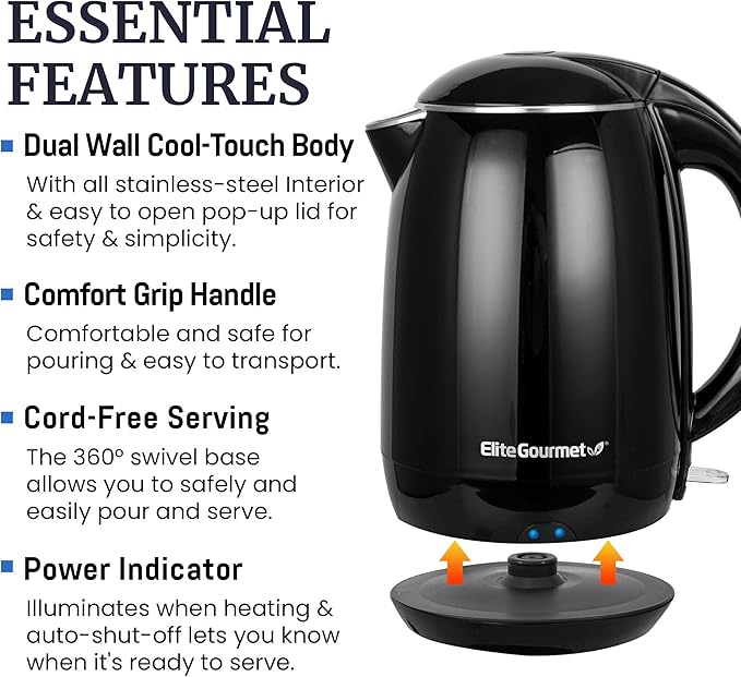 Elite Gourmet EKT1821 1.8L Double Wall Insulated, Cool-Touch 1500W Kettle w/Stainless Steel Interior & Lid, 360° Swivel Base for Cord Free Serving, Power On Lever, Auto Shut-Off, Boil Dry, Black