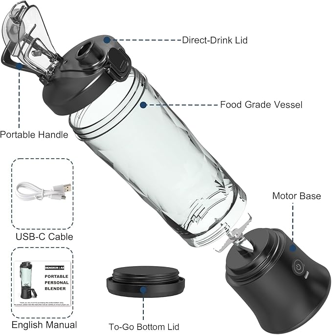 DENOKIN Portable Blender 20oz Vessel, Cordless Personal Size Blender for Shakes and Smoothies with 6 Blade Small Blender for Kitchen, Home, Travel