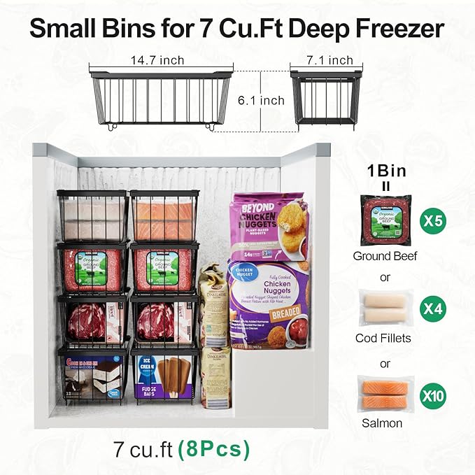 iSPECLE Freezer Storage Bins - 6 Pack Small Stackable Deep Freezer Organizer Bins for Most 7 Cu.FT Chest Freezer Sort Frozen Food, Freezer Basket with Handles Easy to Get Food from Bottom, Black