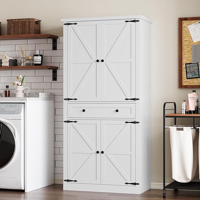 Pantry Organizers and Storage Cabinet, 70” Barn Door White Kitchen Cabinet with Drawers and Adjustable Shelf, Tall Pantry for Kitchen, Dining Room, Living Room Bedroom