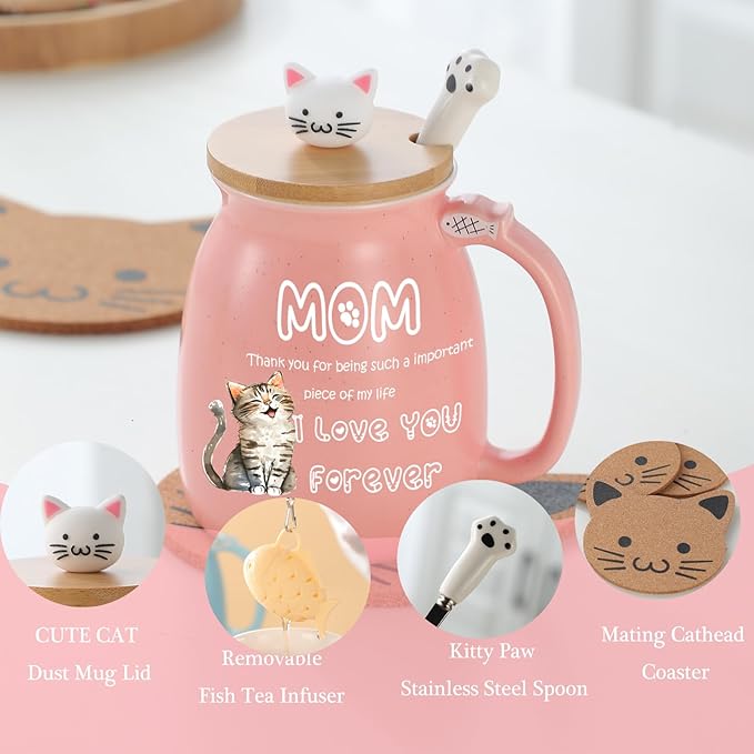 Christmas Gifts for Mom Stocking Stuffers for Mum Cute Ceramic Coffee Mug with Lid Fish Infuser Tea Cup Pink Stuff Best Mom Mama Gifts Mother Day Present Thank you Birthday Gifts from Daughter Son