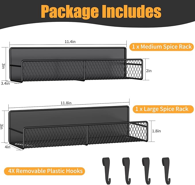 Magnetic Spice Rack for Refrigerator, 2 Pack 100% Metal Strong Magnet Shelf Black, Moveable Spice Organizer with Hooks, Magnetic Fridge Shelf for Kitchen Home Laundry Room Organization and Storage
