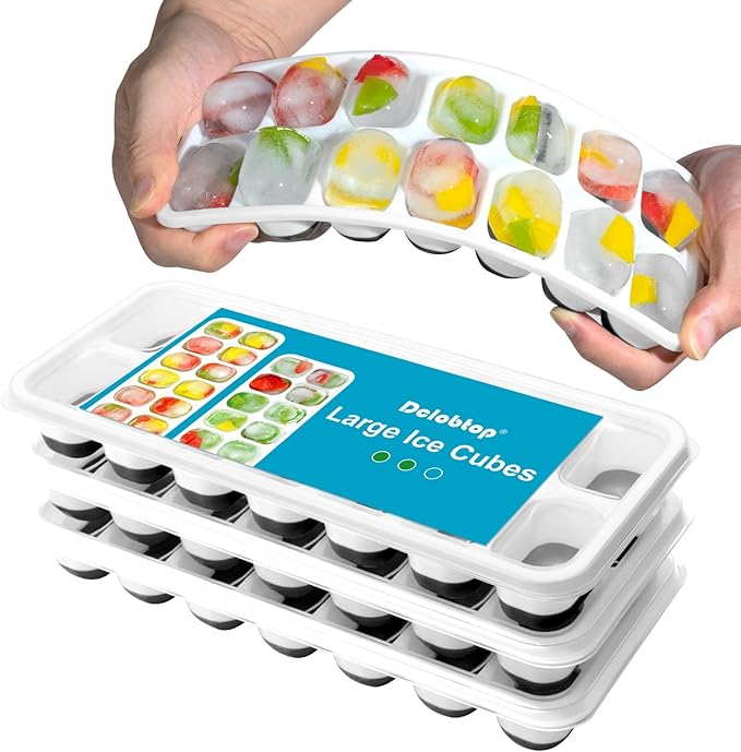 DclobTop Ice Cube Trays for Freezer - 3 Pack 42 Ice Cubes, Easy to Release Plastic Silicone Trays with Spill-Resistant Lids, Reusable Stackable Tray for Cocktails, Drinks and Coffee, BPA-Free,Black