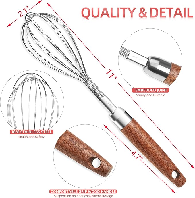 Whisk for Cooking,Stainless Steel Wire Wooden Handle Kitchen Multi Function Non Stick Balloon Whisk Egg Beater for Blending Whisking Beating Frothing Stirring Batters (11"L x 2.1"W)