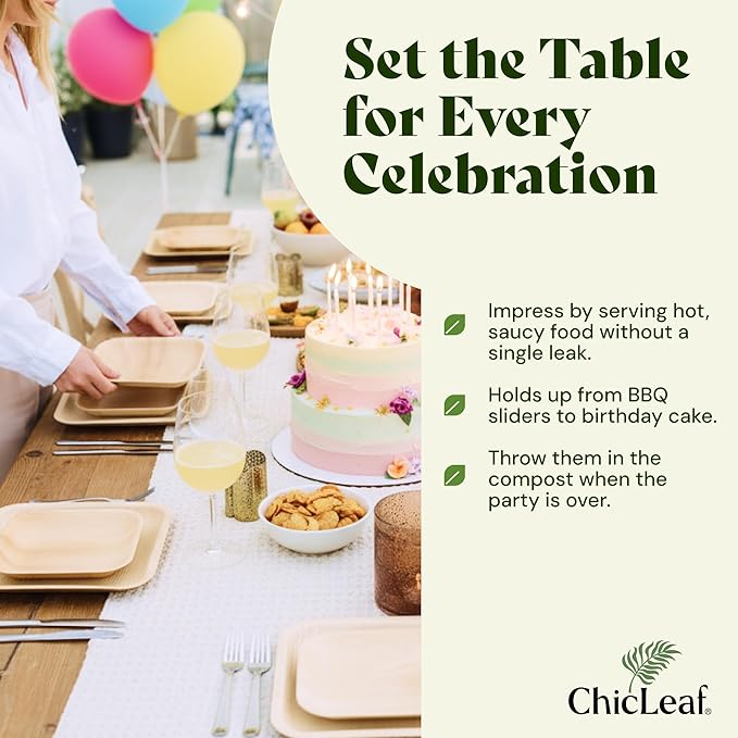 Chic Leaf Palm Leaf Disposable Bamboo Plates – Square, Biodegradable & Compostable Party Plates for Weddings, Parties & Events - Disposable Platter (10", 20 Pack)