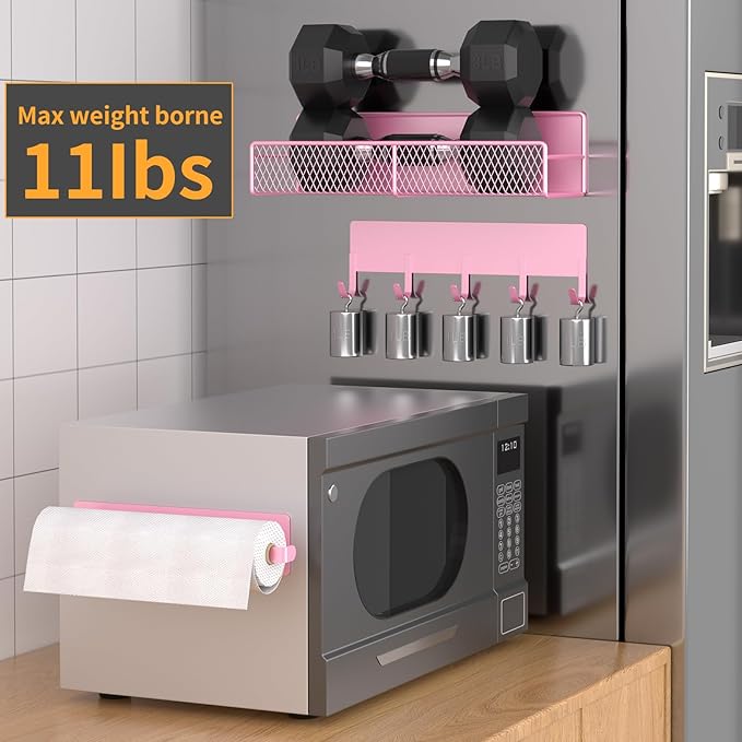 Magnetic Spice Rack for Refrigerator, 7 Pack 100% Metal Strong Magnet Shelves, Kitchen Spice Organizer W/ Hook Rack, Paper Towel Holder, Utensils Caddy, Home Laundry Room Storage Organization (Pink)