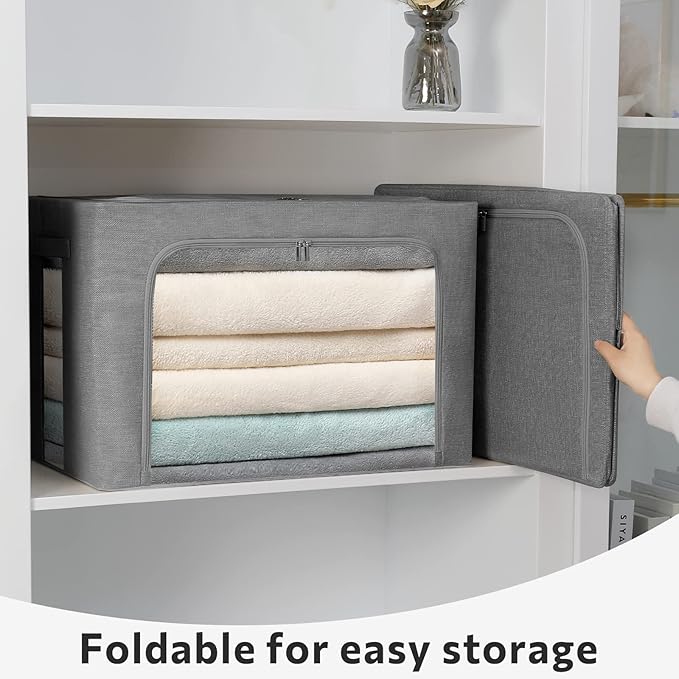 FHSQX Extra Large Clothes Storage Bins Foldable Metal Frame Storage Box Stackable Linen Fabric Box Organizer Set with Carrying Handles and Clear Window -100L (Gray, 23.6x 16.5x 15.7 Inch)