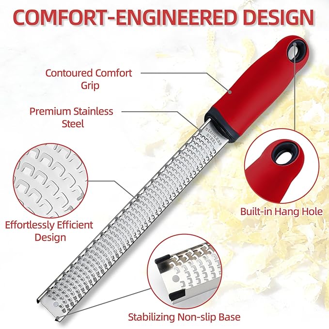 Koythin Zester, Lemon Zester & Cheese Grater with Brush, Heavy Duty Kitchen Tool for Zesting Citrus, Parmesan Cheese, Chocolate, Ginger, Fruits, Stainless Steel with Handle and Cover (Red)