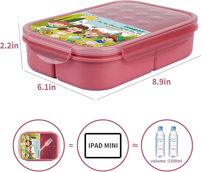 Wheat Straw Lunch Box, Leakproof Bento Box for Kids Adults, Lunch Containers with 3 Compartments BPA-Free Microwave Safe (Pink, 5.5 cup)
