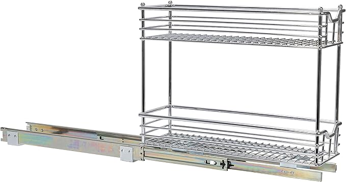 Household Essentials Glidez Multipurpose Chrome-Plated Steel Pull-Out/Slide-Out Storage Organizer for Under Cabinet Use - 2-Tier Design - Fits Standard Size Cabinet or Shelf, Chrome