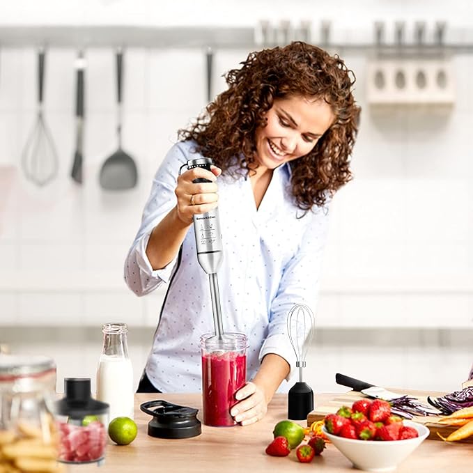 Hand Blender 4-in-1, Bonsenkitchen Stainless Steel 20-Speed Immersion Blender with Food Grinder Bowl, Measuring Mug, Egg Whisk for Smoothies, Baby Food, Sauces, Soups, Puree