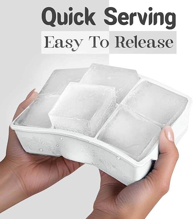 KitchFort Large Silicone Ice Cube Tray (3-Pack), Easy Release 2" Big Ice Cubes - Cocktail, Whiskey Ice Cubes Mold - Ice Trays for Freezer with Lid - Stackable Silicone Ice Tray - White