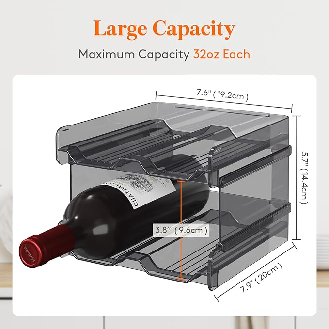 Lifewit Plastic Stackable Wine Rack for refrigerator, Cabinet, Countertop,Wine Bottle Holder, Water Bottle Organizer for Fridge, Pantry, Black, Hold 4 Bottles