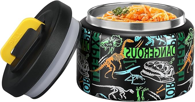 MAISON HUIS 8oz Soup Thermo Wide Mouth Vacuum Insulated Thermo Food Jar, Leak Proof Stainless Steel Thermo for Hot&Cold Food Kids Food Lunch Soup Container for School Travel（Black-Dinosaur）
