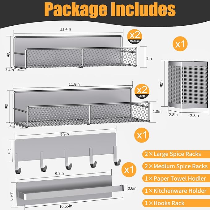 Magnetic Spice Rack for Refrigerator, 7 Pack 100% Metal Strong Magnet Shelves, Kitchen Spice Organizer W/ Hook Rack, Paper Towel Holder, Utensils Caddy, Home Laundry Room Storage Organization (Grey)