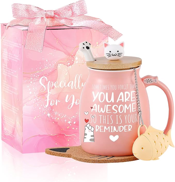 BigNoseDeer Thank You Gifts for Women Cute Cat Coffee Mug Birthday Friendship Christmas Gift for Women Female Mom Cat Lovers Present Kawaii Stuff Funny Tea Cup Stocking Stuffers White Elephant Gifts