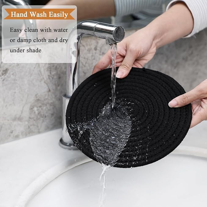 SHACOS 8 Inch Trivets for Hot Dishes, 4 Heat-Resistant Cotton Trivet Mats for Kitchen, Hot Pads for Countertops and Table, Pot Holders for Hot Pots and Pans, Black