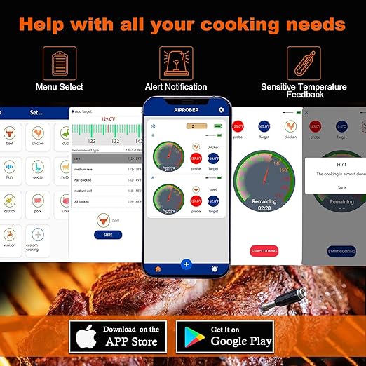 Wireless Meat Thermometer for Grilling and Smoking, 800FT Bluetooth Thermometer with Dual-Sensor Probe, Food Thermometer for BBQ, Oven, Smoker