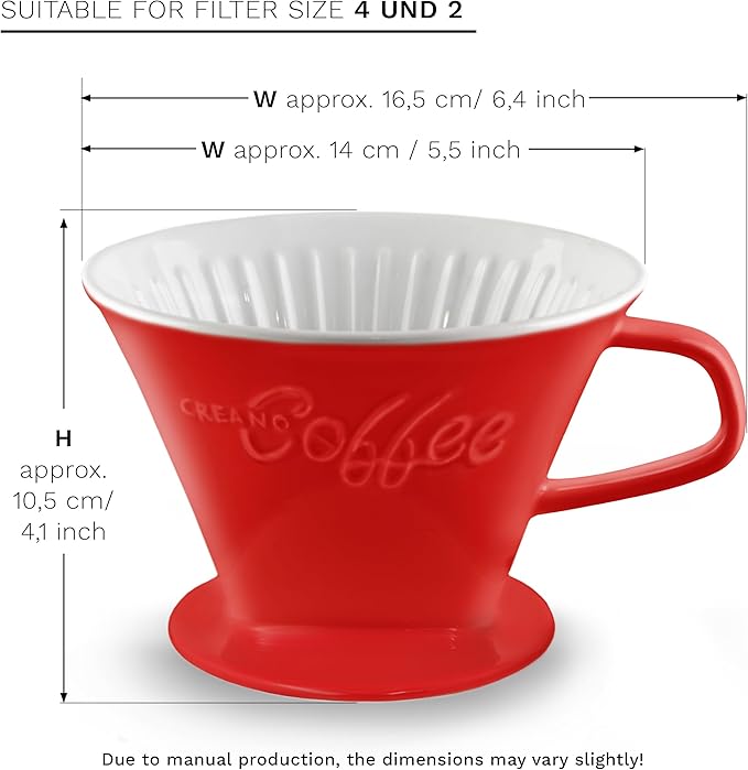 Creano Porcelain Coffee Dripper Red - Ceramic Cone Brewer - Pour Over Coffee Maker for Filter Bags Size 4 - Easy Manual Brew for pure Taste - also for Camping, Hiking
