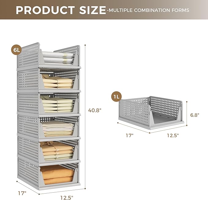 Pinkpum 6 Pack Closet Organizers Storage Box, Stackable Plastic Drawer Basket for Clothing, Stackable Storage Bins Shelf Storage Container for Closet Wardrobe Bedroom Bathroom Office Grey