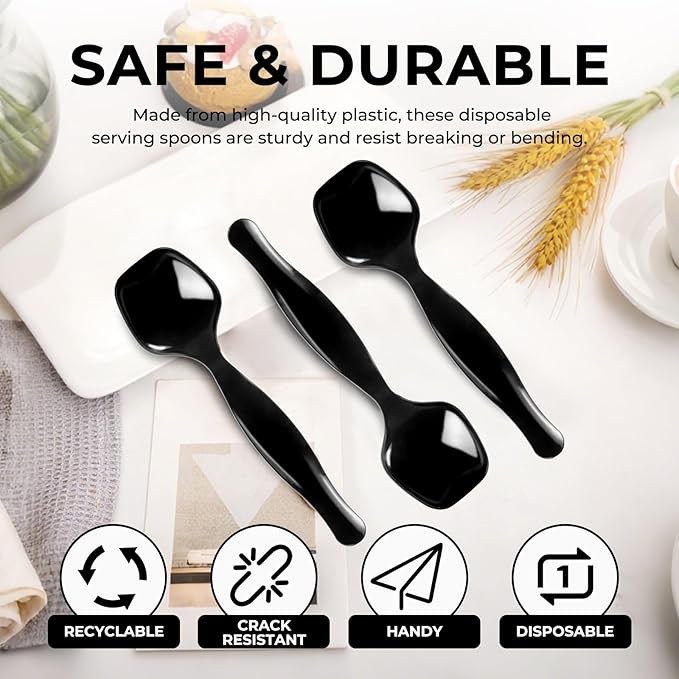 18 Count Disposable Black Plastic Serving Spoons for Buffet, Large Serving Spoons Heavy Duty Disposable Serving Utensils for Catering Wedding Holiday Party Events (Black, 18pcs spoons)