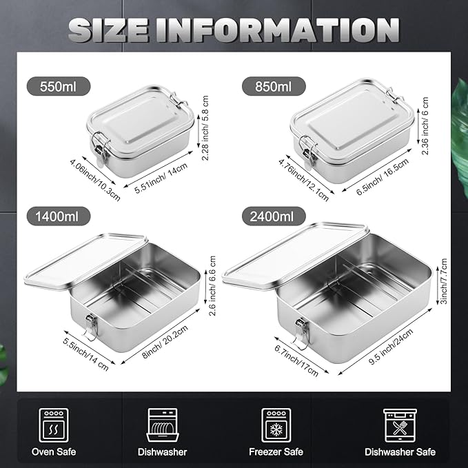 Umigy 4 Pcs Stainless Steel Food Containers 550/850/1400/2400 ml Metal Bento Lunch Box Stainless Steel Food Storage Containers, Lockable Clips to Leak Proof, Reusable Dishwasher Snack Boxes for Work