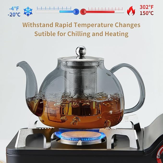 40OZ (1200ML) Glass Teapot with Infuser Stovetop Safe, Clear Glass Tea Pot Kettle, Borosilicate Tea Pot with Infusers Filter for Loose Tea, Tea Kettle Dishwasher Safe (Black)