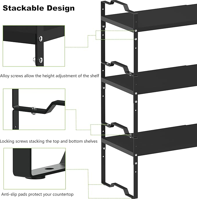 Expandable Shelf for Cabinet Organizer Adjustable Stackable Spice Rack at Kitchen and Bathroom More, Counter Countertop Cupboard Organization Pantry Storage(MEDIUM/1PACK/BLACK)