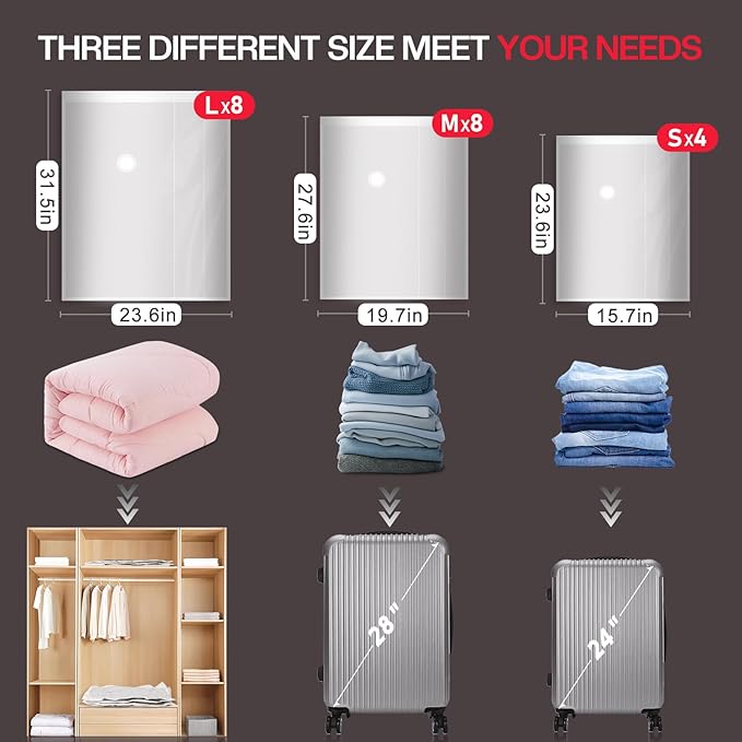 20 Pack Vacuum Storage Bags for Travel, Space Saver Seal Bags with High Pressure Electric Pump, Compression Packing for Luggage and Suitcase