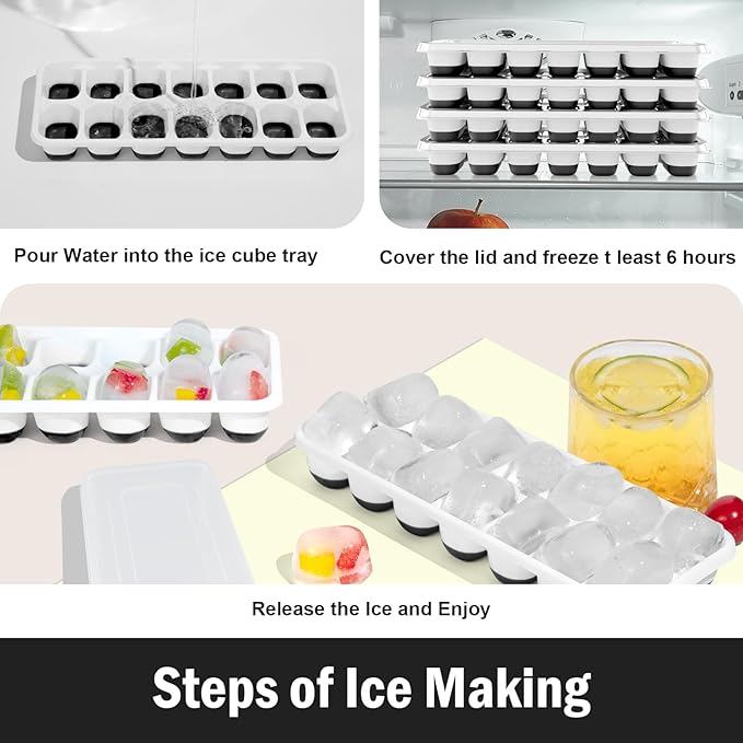 DclobTop Ice Cube Trays with Lid and Bin, Ice Trays for Freezer - Easy to Release Silicone Mold, Stackable Reusable Plastic Molds for Cocktails, Whiskey, Drinks and Iced Coffee, BPA-Free