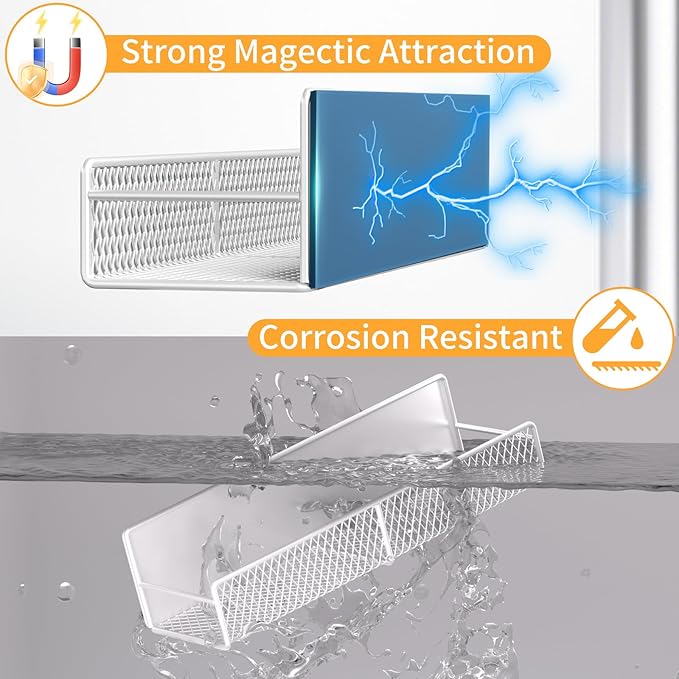 Magnetic Spice Rack for Refrigerator, 2 Pack 100% Metal Strong Magnet Shelf, Space Saving Spice Organizer W/ Hooks, Movable Magnetic Fridge Shelf, Kitchen Home Laundry Room Storage Organization, White