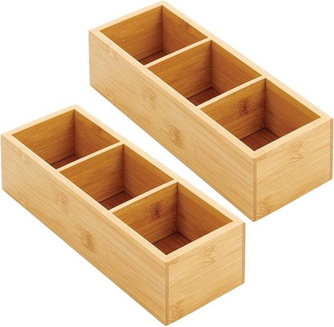 mDesign Bamboo Wood Slim Food Storage Organizer Box, 3 Section, Divided Compartment Bin; Container for Kitchen, Pantry; Holder for Spices, Snacks, Tea, Coffee - Echo Collection - 2 Pack -Natural