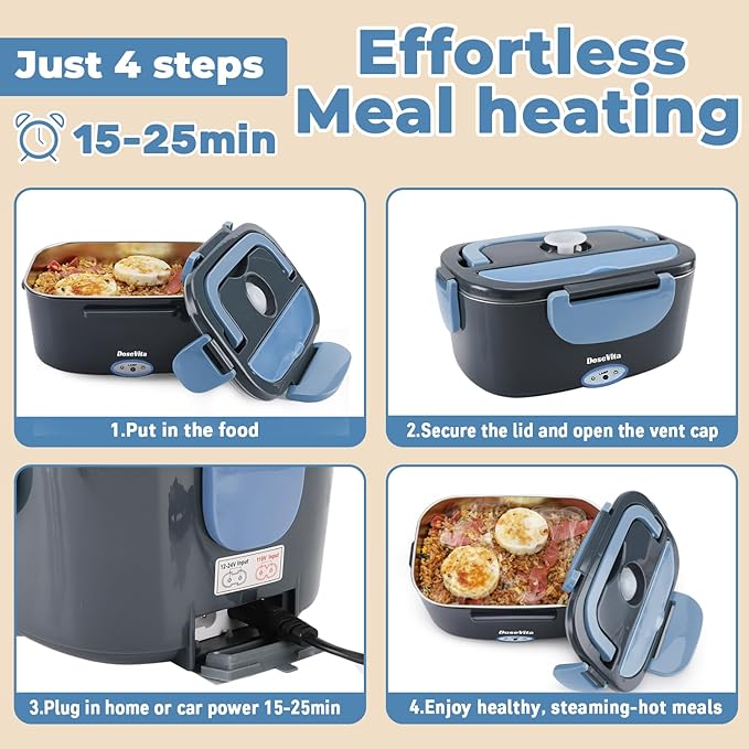 Electric Lunch Box for Adults, 80W Heated Lunch Box, 1.5L Stainless Steel Container | 12V/24V (Car/Truck) & 110V (Office/Home) | with Fork&Spoon and Insulated Carry Bag