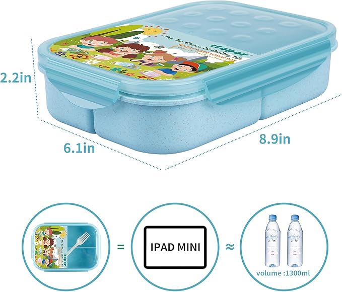 Wheat Straw Lunch Box, Leakproof Bento Box for Kids, BPA-Free Lunch Containers for Adults with 3 Compartments, Microwave Safe (Blue, Regular Size)