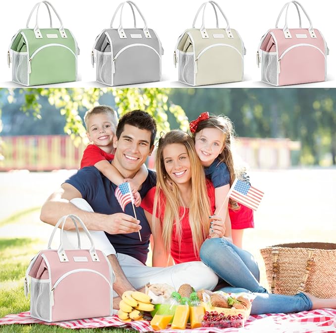 LOKASS Lunch Bag Women Insulated Lunch Box Wide-Open Lunch Tote Bag Large Waterproof Cooler Bag for Work Picnic Hiking Beach（Pink）