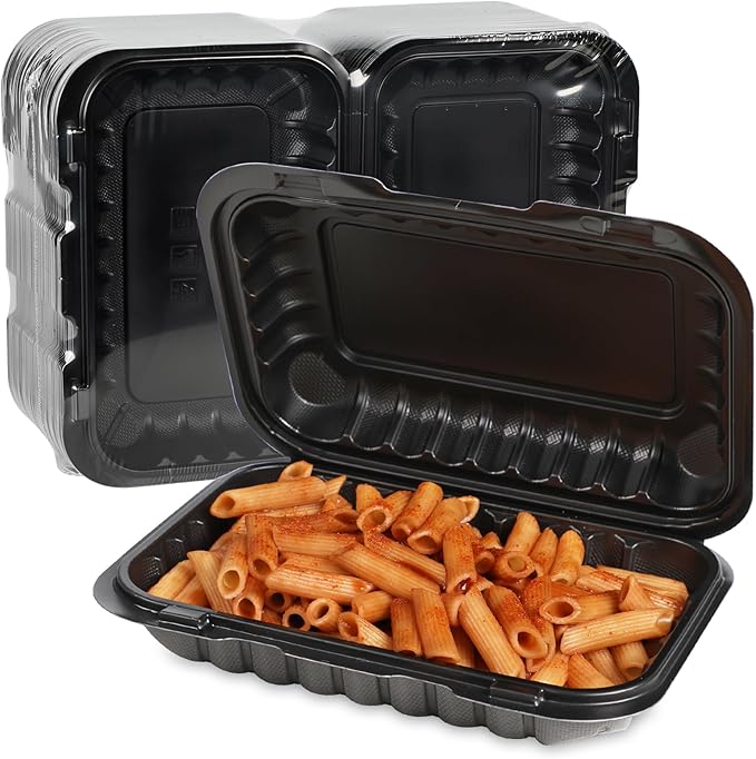 Plastic Containers Mineral Filled PP - 50 Pack 9x6 27 oz Shrink Wrap BPA Free | Stackable Meal Prep Clamshell Food Container | Reusable Microwave Safe Leftovers Takeout | Catering To Go Box