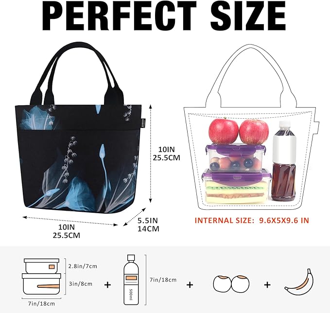 Aosbos Lunch Tote Bag, Insulated Lunch Box for Women, Leakproof Lunch Cooler Purse for Work, Black Dream Flower