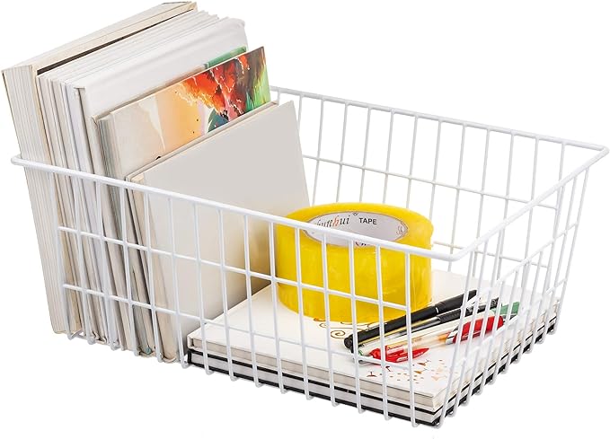 iPEGTOP Wire Storage Freezer Baskets, Set of 2 13.4" Household Organizer Storage Bins Fridge Basket Rack with Handles for Kitchen Cabinets, Pantry, Office, Bathroom Organization - White
