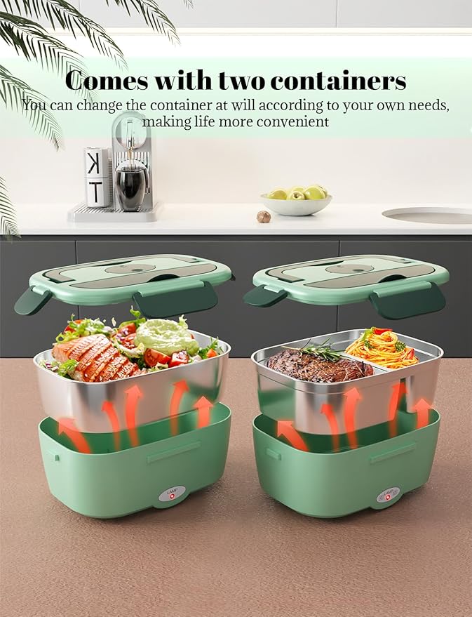 Heated Lunch Box for Men&Women - 80W Electric Lunch Box for Adults with Dual 1.5L 304 Stainless Steel Containers Fast Heating Portable Food Warmer for Car&Truck lonchera eléctrica portátil