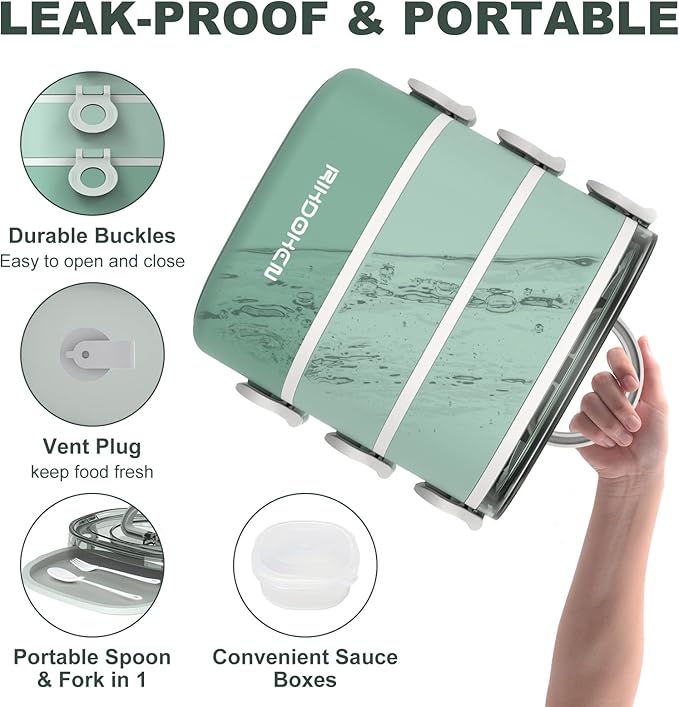 Lunch Box, Stackable 3 Layers Containers, Portable 94OZ Large Capacity Leakproof Bento Box with Spoon & Fork & Sauce Boxes, Microwave Safe Lunch Box for Kids and Adults