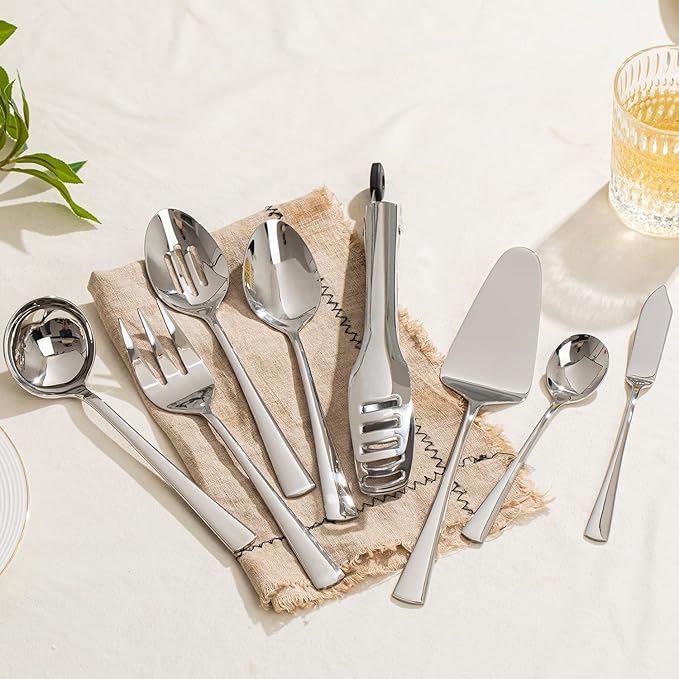 KINGSTONE 12 Piece Serving Utensils Set, 18/10 Stainless Steel Serving Utensils, Slotted Spoon, Fork, Tong, Soup Ladle, Cake Server, Butter Knife and Sugar Spoon for Buffet, Parties, Kitchen