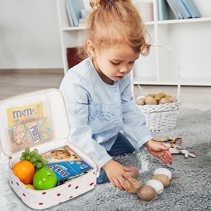 TuErCao Cute Strawberry-Print Lunch Box Kids for School, Compact Reusable Tote LunchBox for Girls for School, Office, Picnic, Lightweight Small Lunch Bag Fits Bento Boxes, Snack and Foods