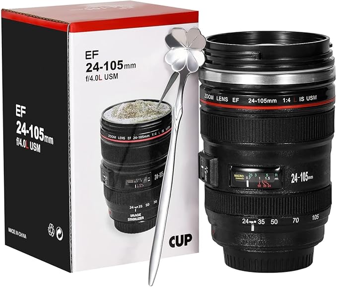 Camera Lens Coffee Mugs,Stainless Steel Lens Cups with Four Leaf Clover Spoon,Novelty Christmas Gifts for Photographers Sweeties Dad Men Women Photography Lovers
