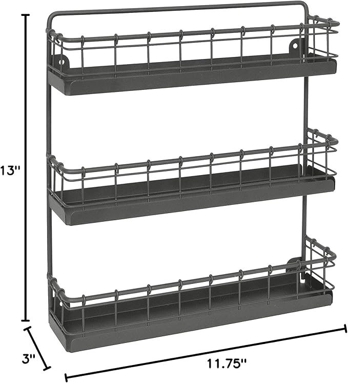Spectrum Diversified Storage for Kitchen, Pantry, Cabinet, Industrial Gray Vintage Wall-Mount 3-Tier Spice Rack, Large (Pack of 4)