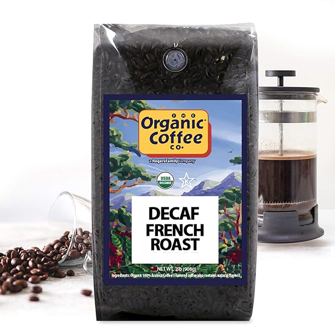 The Organic Coffee Co. DECAF French Roast Whole Bean Coffee 2LB (32 Ounce) Dark Roast Natural Water Processed USDA Organic