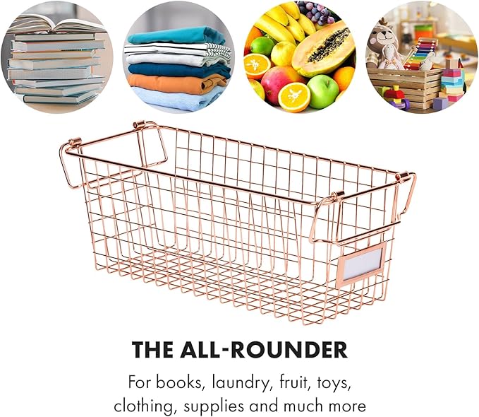Granrosi Stackable Large Wire Baskets for Organizing — Set of 2 Rose Gold Wire Storage Baskets with Handles; Snacks & Chips Organizer for Pantry; Metal Storage Bins for Pantry