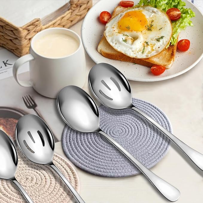 Stainless Steel Serving Spoons Set, 6pc, 10-Inch, Includes 3 Large, 3 Slotted, for Parties/Kitchen/Buffet/Catering, Dishwasher Safe
