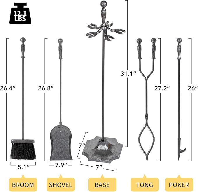 nalone 5 Pieces Fireplace Tools Set, Wrought Iron with Silver Pattern Fireplace Accessories Set with Poker, Tong, Shovel, Brush, Fire Place Tools Indoor Outdoor (Grey)