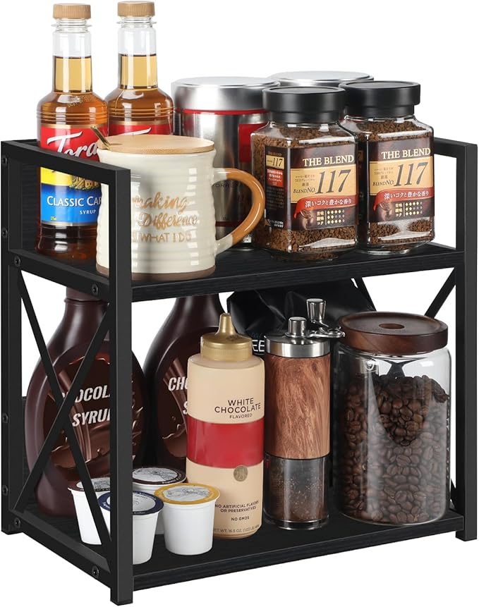YINMIT Countertop Shelf Organizer,Coffee Bar Accessories,Spice Rack,Coffee Counter Shelf,2 Tier Coffee Organizer Station for Mugs,Cups,Cream,Syrup(Black, Medium)