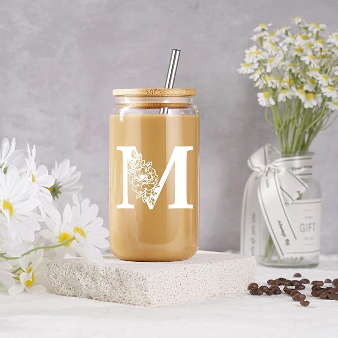 Coolife Initial Glass Cup, Monogrammed Gifts for Women, 16 oz Glass Cups w/Lids Straws, Iced Coffee Smoothie Beer Tumbler w/Straw Lid - Personalized Christmas, Birthday Gifts for Her Mom Friend Woman